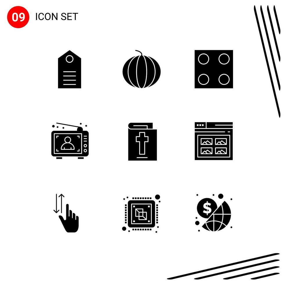 Set of 9 Commercial Solid Glyphs pack for bible man watermelon advertising ad Editable Vector Design Elements
