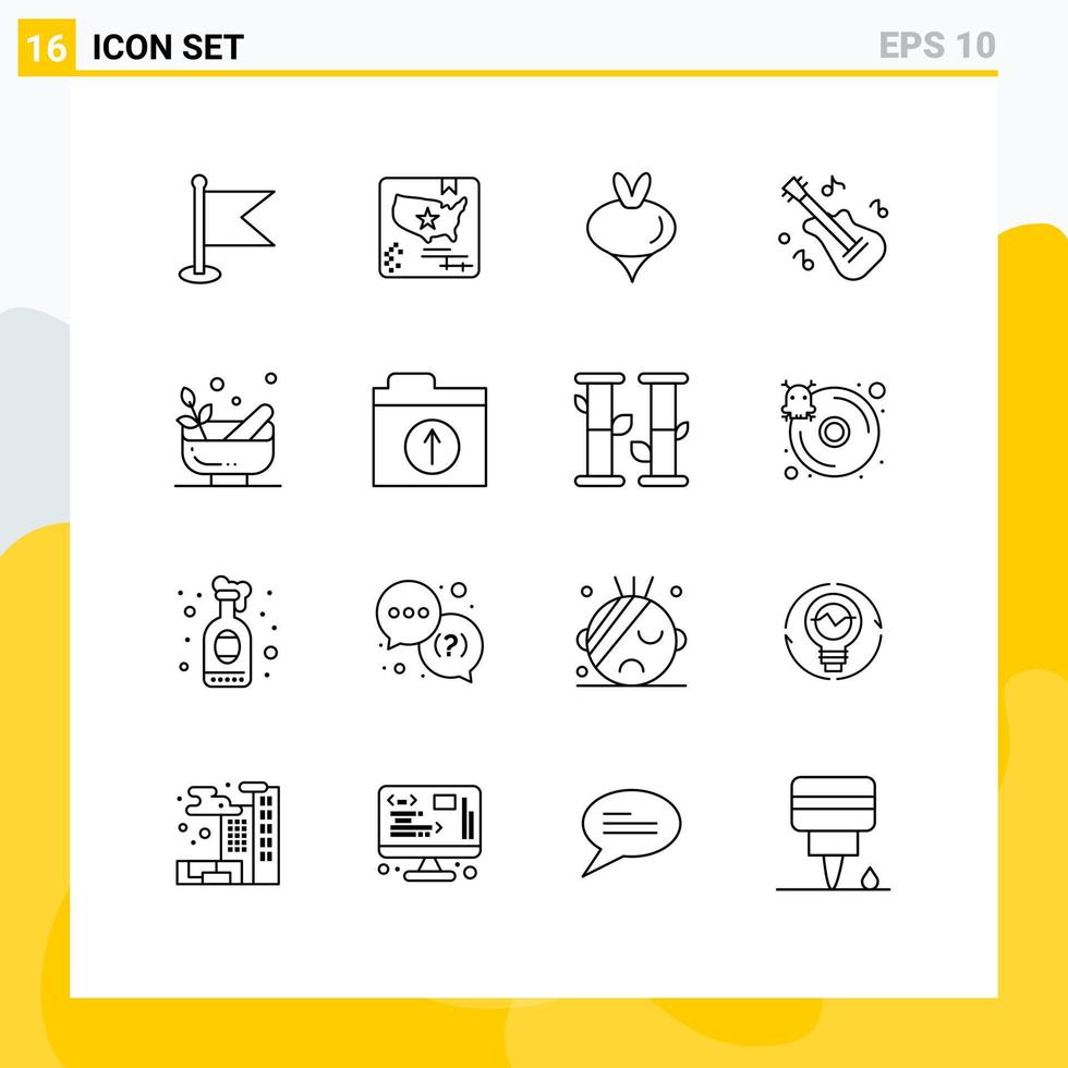16 User Interface Outline Pack of modern Signs and Symbols of bowl grinding food music guitar Editable Vector Design Elements
