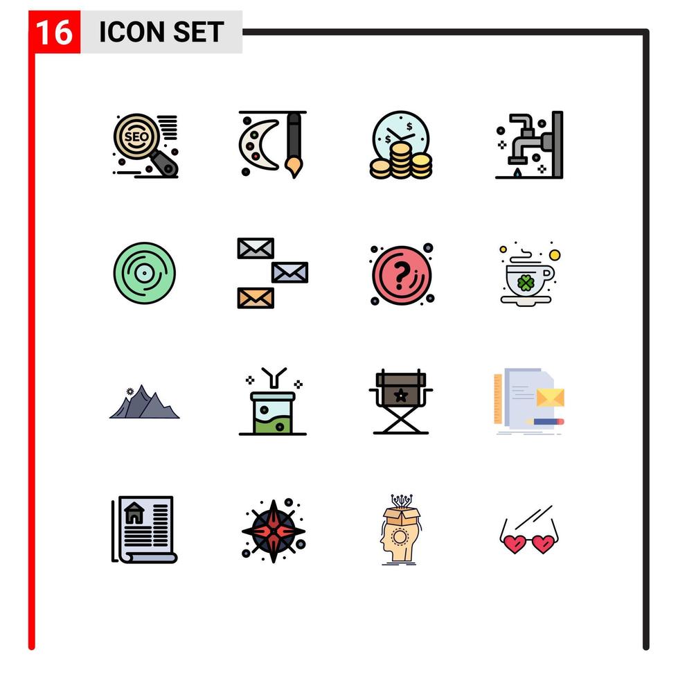paquete de 16 líneas llenas de colores planos modernos, signos y símbolos para medios de impresión web, como baños de limpieza de grifos, elementos de diseño de vectores creativos editables