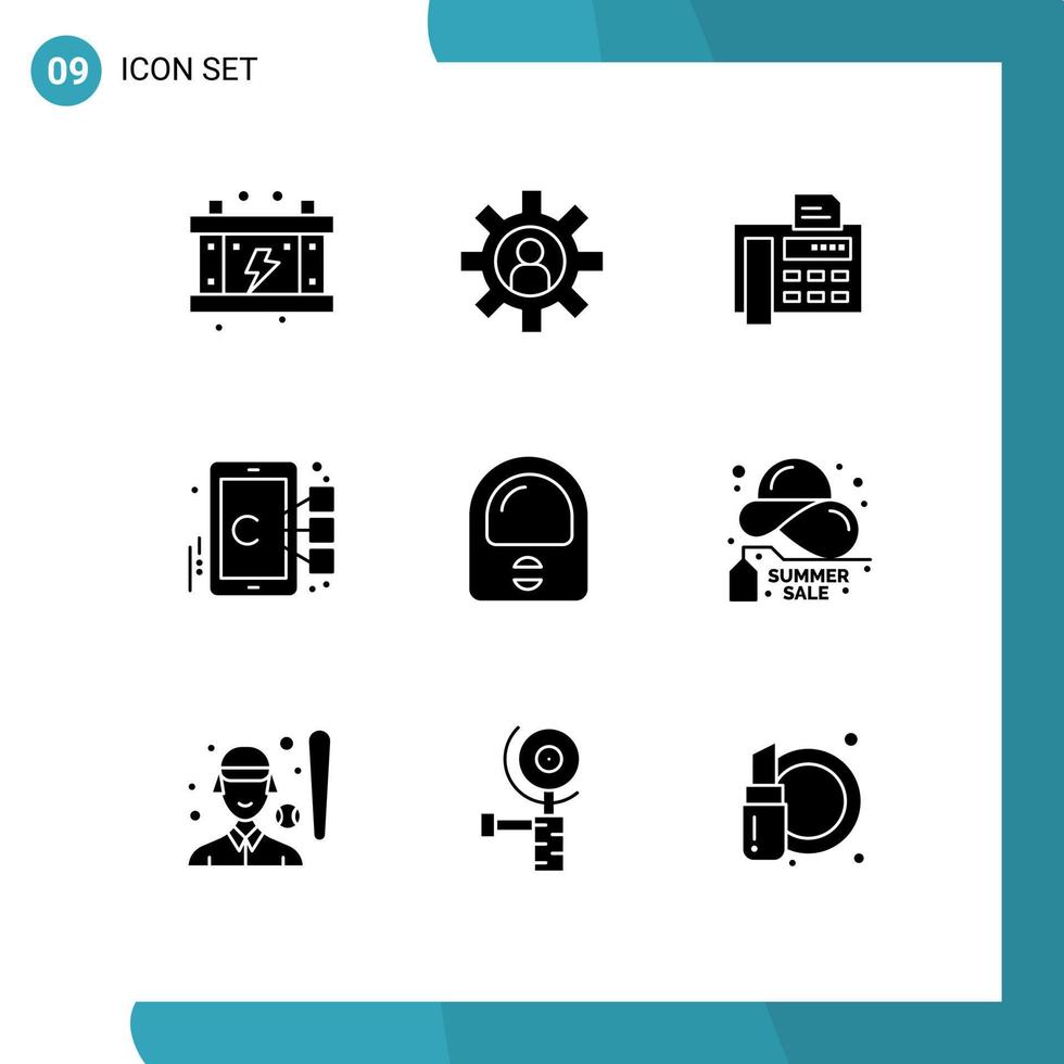 9 Thematic Vector Solid Glyphs and Editable Symbols of helmet target fax mobile cell Editable Vector Design Elements