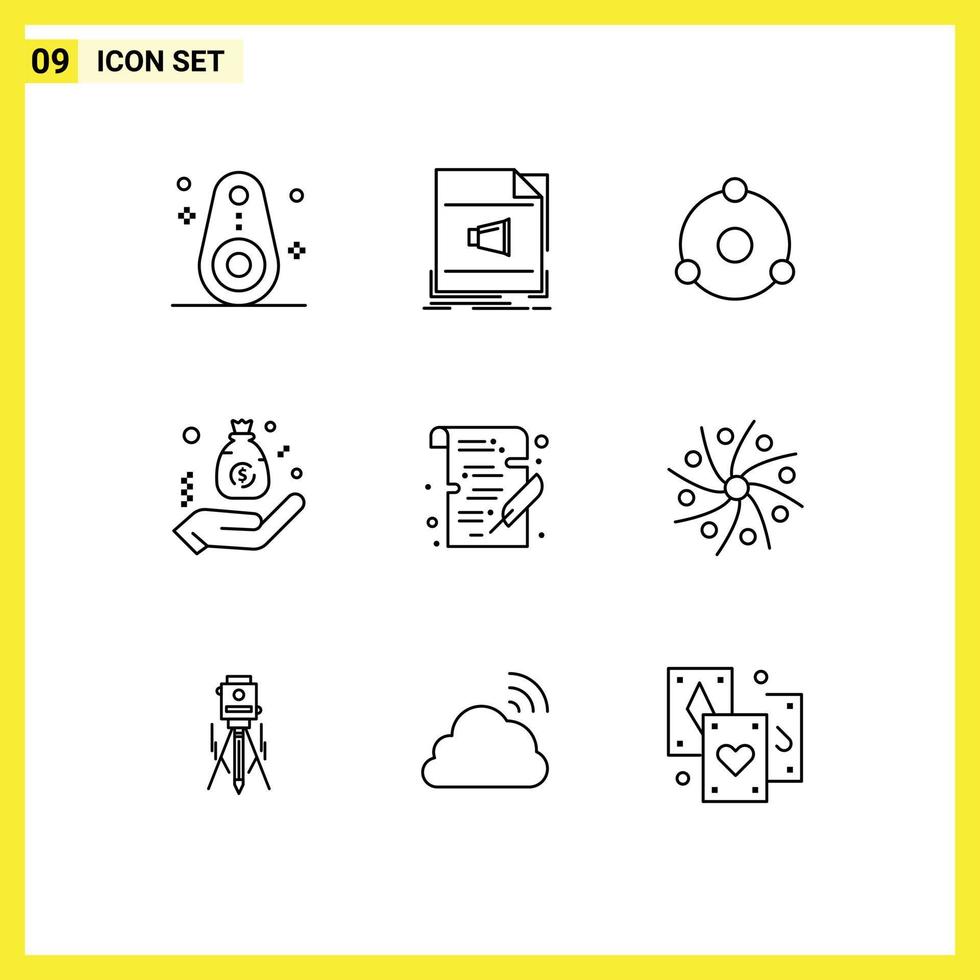 9 iconos creativos, signos y símbolos modernos de mano, presupuesto de sonido comercial, moneda criptográfica, elementos de diseño vectorial editables vector