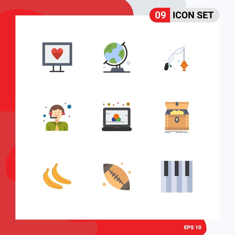 Set of 9 Vector Flat Colors on Grid for computer service fish logistic customer Editable Vector Design Elements
