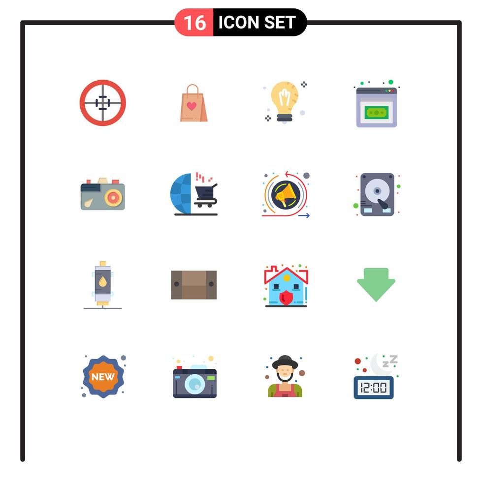 Pictogram Set of 16 Simple Flat Colors of camera entrepreneurship bag business development solution Editable Pack of Creative Vector Design Elements