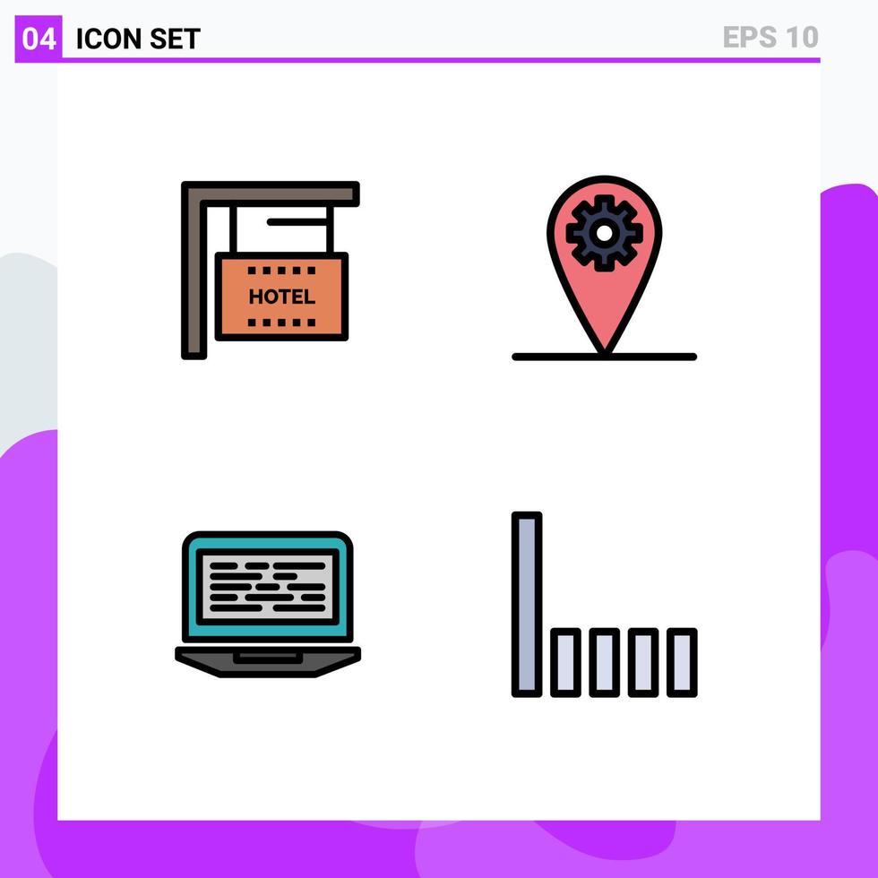 Pack of 4 Modern Filledline Flat Colors Signs and Symbols for Web Print Media such as board code hotel location computer Editable Vector Design Elements