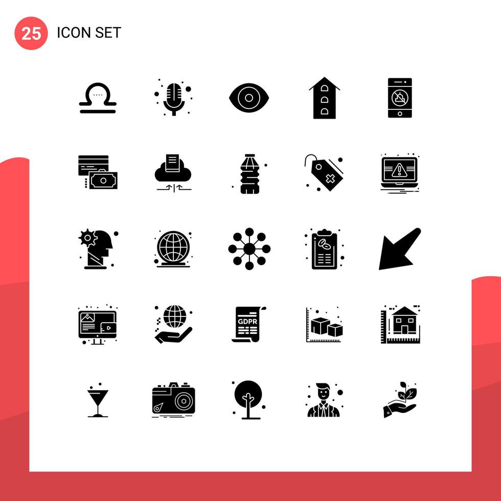 25 Thematic Vector Solid Glyphs and Editable Symbols of mute store eye shops house Editable Vector Design Elements
