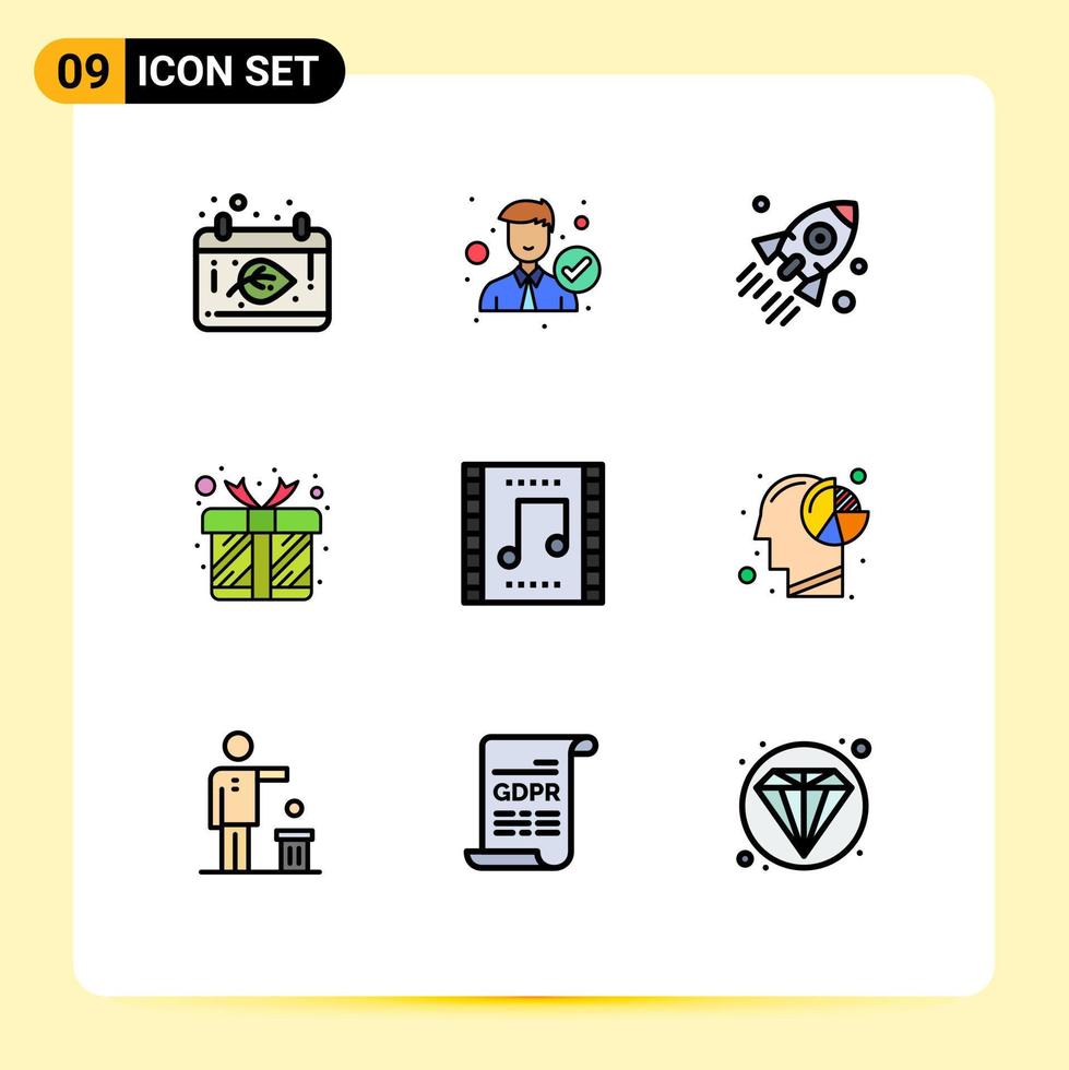 Pack of 9 Modern Filledline Flat Colors Signs and Symbols for Web Print Media such as box present right gift startup Editable Vector Design Elements