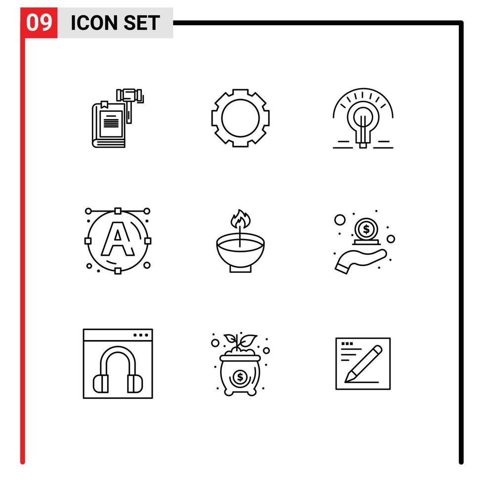 Modern Set of 9 Outlines Pictograph of celebrate text setting font light bulb Editable Vector Design Elements