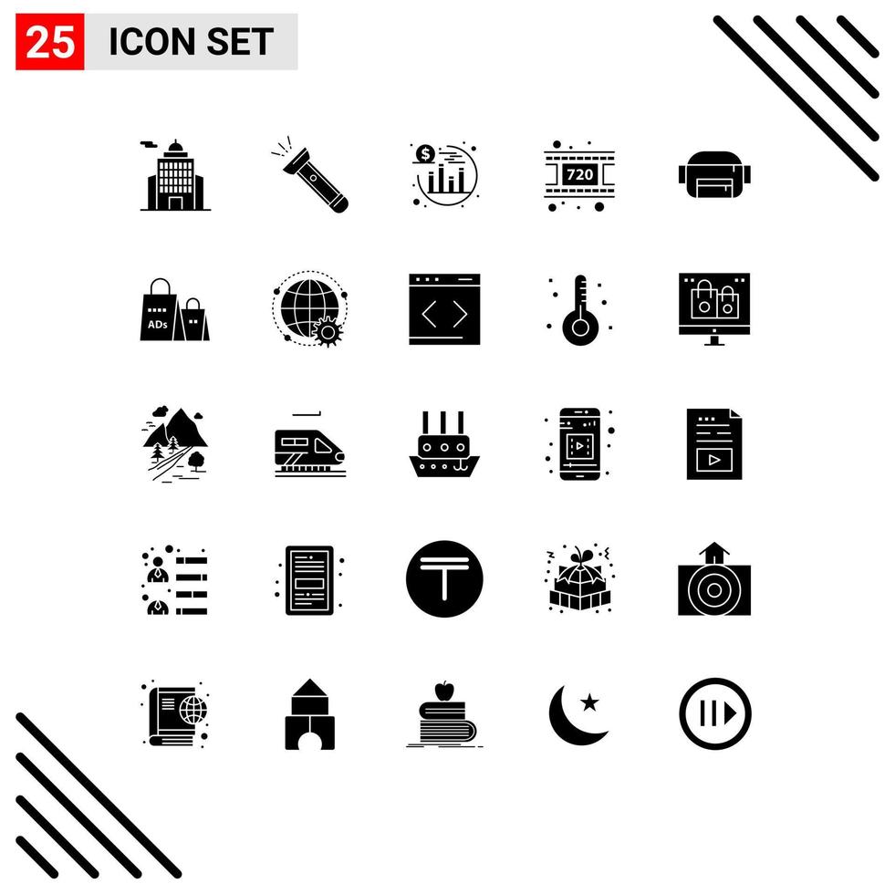 Universal Icon Symbols Group of 25 Modern Solid Glyphs of advertising bag hiking video movie Editable Vector Design Elements