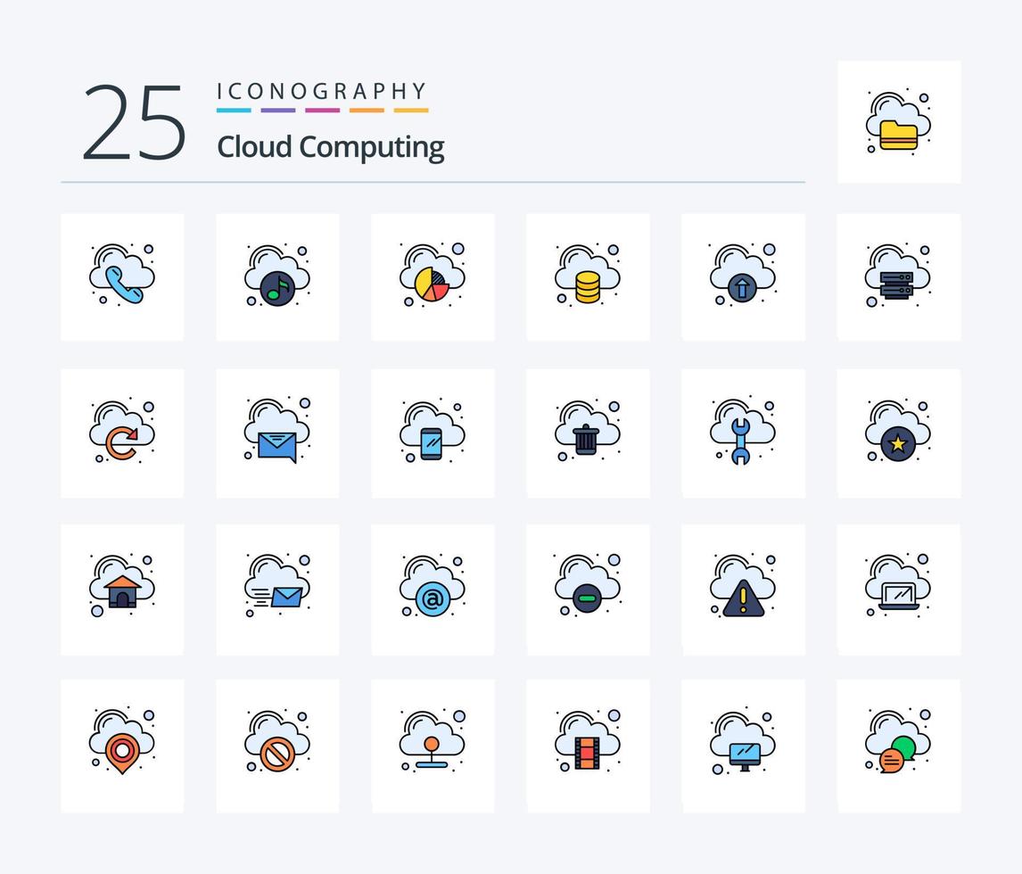Cloud Computing 25 Line Filled icon pack including upload. technology. analytics. storage. cloud vector