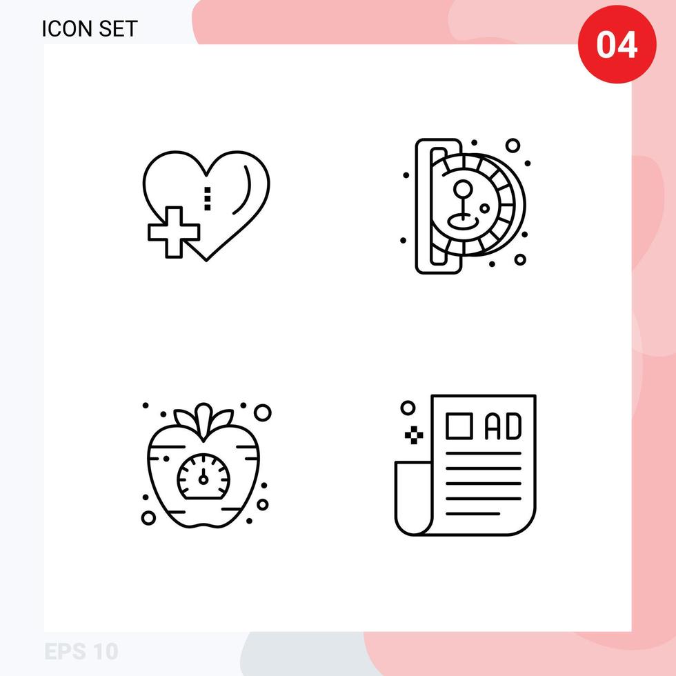 Set of 4 Modern UI Icons Symbols Signs for heart diet plus game vegetable Editable Vector Design Elements