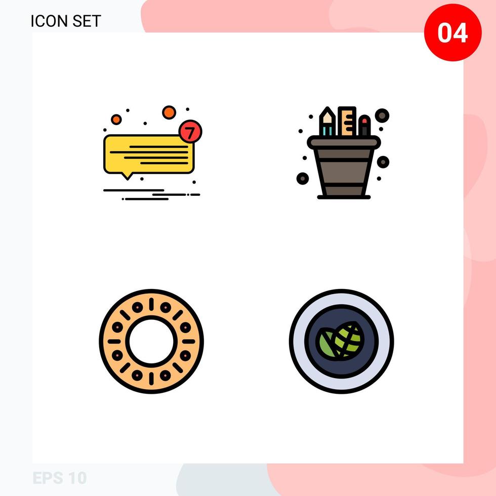 Filledline Flat Color Pack of 4 Universal Symbols of chat pot speech pen doughnut Editable Vector Design Elements