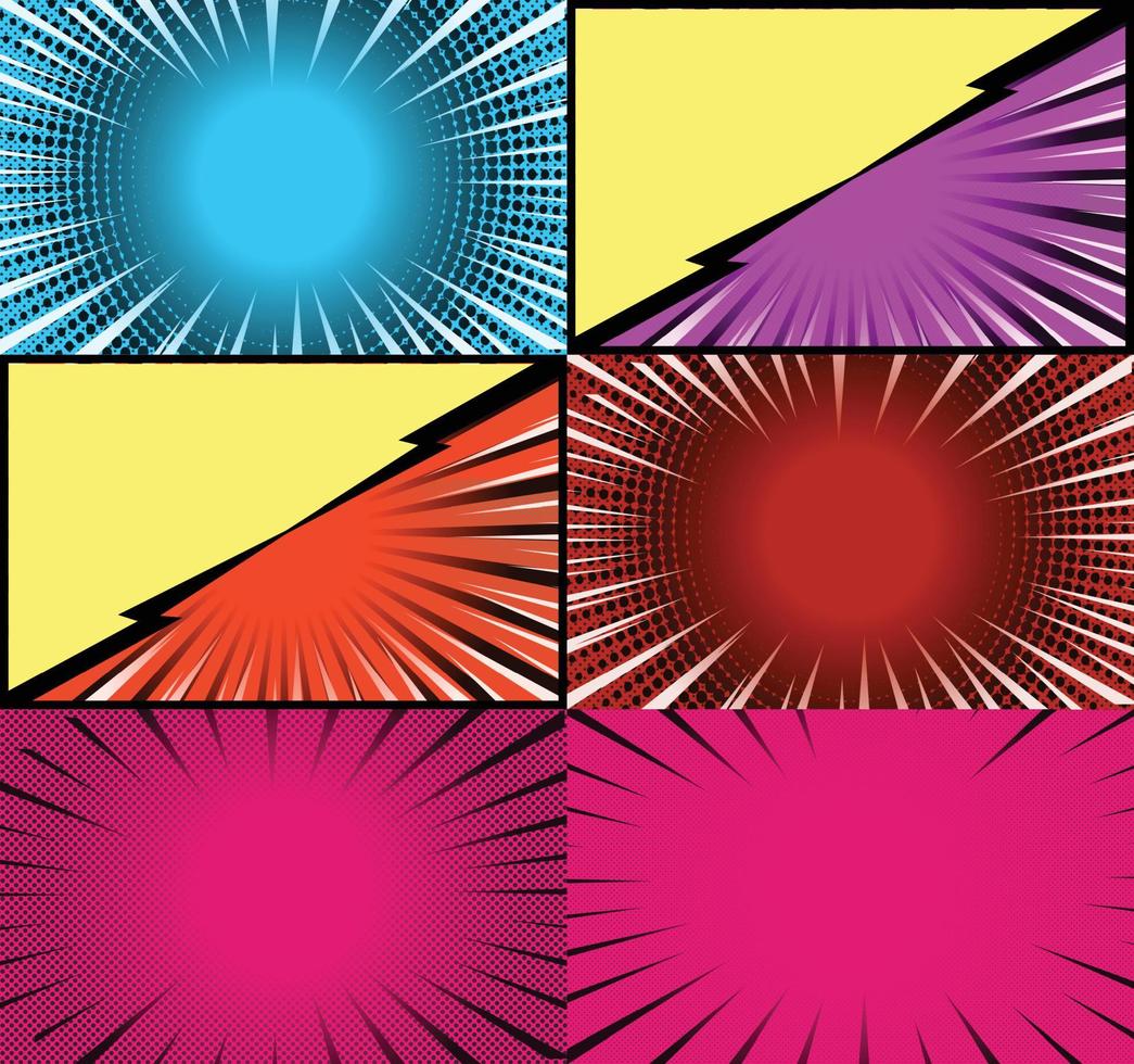 Comic book colorful frames background with halftone rays radial and dotted effects pop art style vector