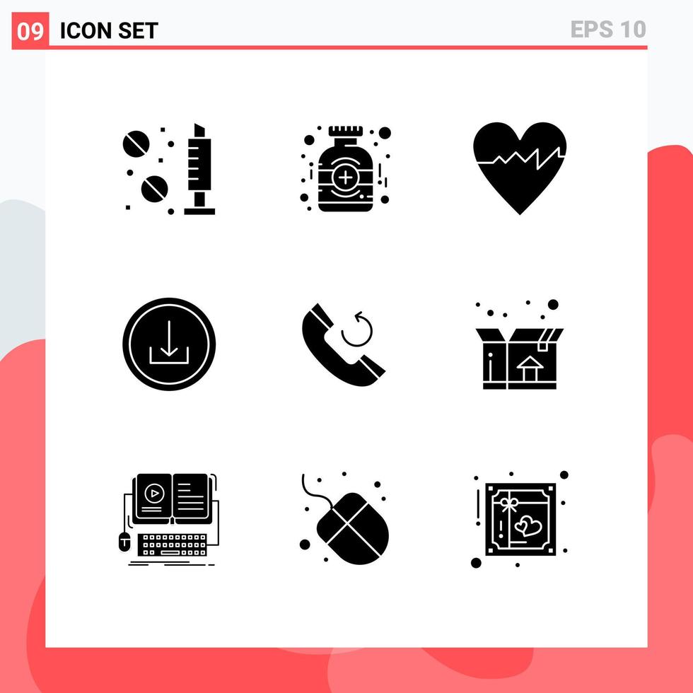 9 User Interface Solid Glyph Pack of modern Signs and Symbols of callback call cardiogram interface basic Editable Vector Design Elements