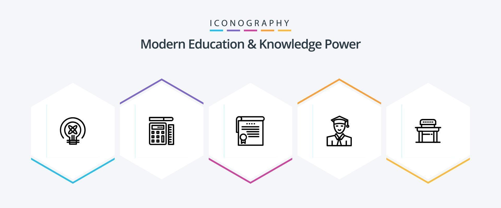 paquete de iconos de 25 líneas de educación y conocimiento moderno, incluido el estudiante. aprendizaje. certificado. graduado. alumno vector