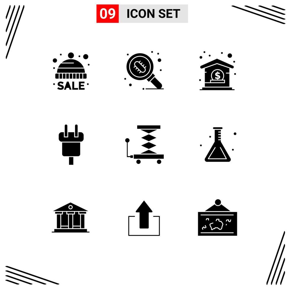 Modern Set of 9 Solid Glyphs and symbols such as car electric bank cord charge Editable Vector Design Elements