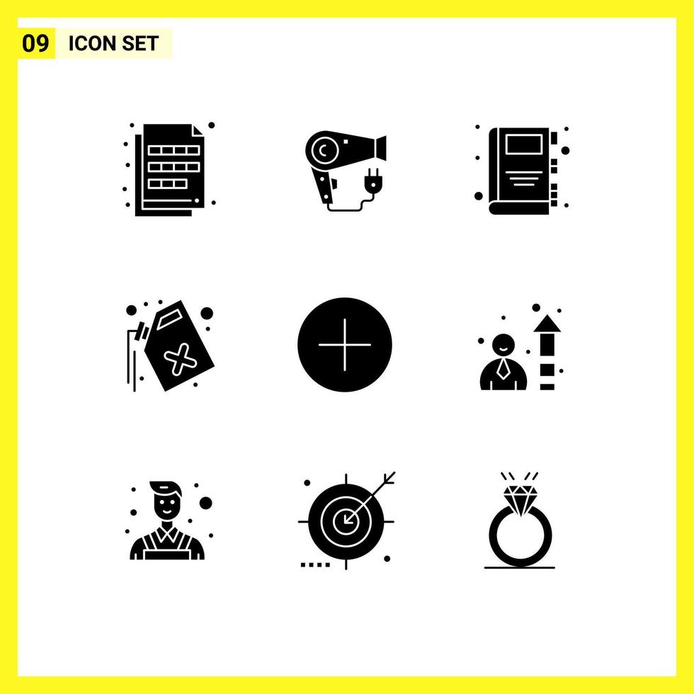 Set of 9 Vector Solid Glyphs on Grid for media waste plug pollution can Editable Vector Design Elements