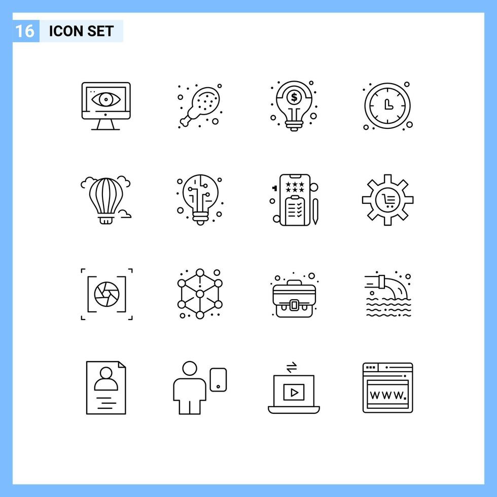 User Interface Pack of 16 Basic Outlines of air balloon idea wall clock time keeper Editable Vector Design Elements