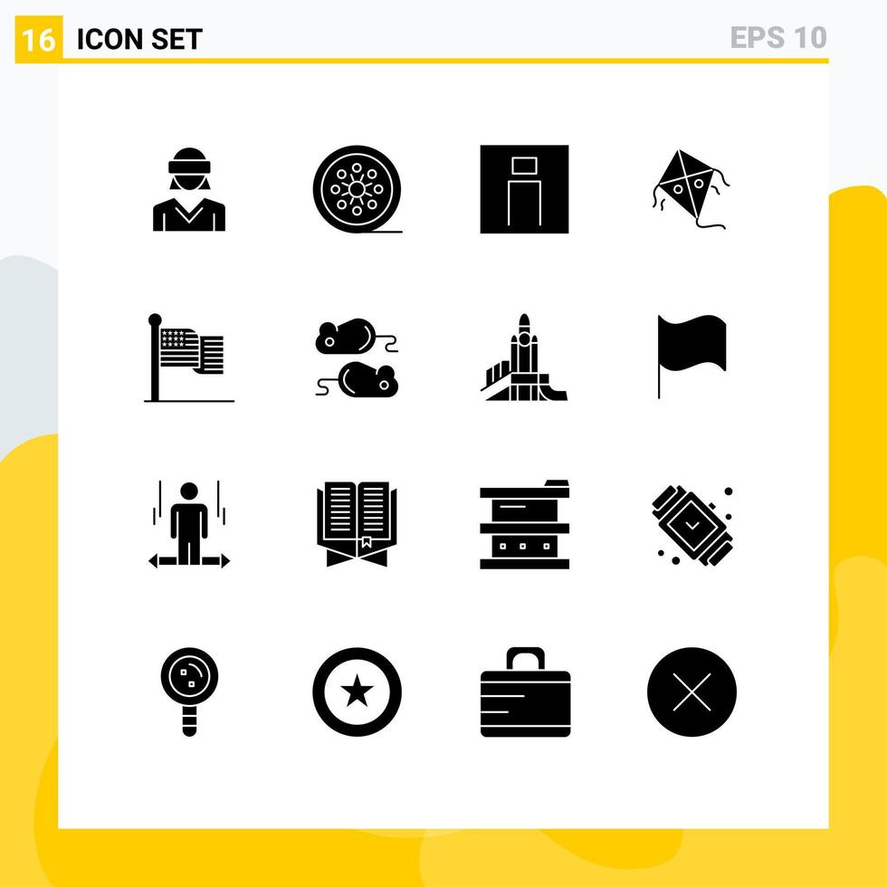 paquete de 16 signos y símbolos de glifos sólidos modernos para medios de impresión web, como elementos de diseño de vectores editables para usuarios de carretes de cinta de cometa voladora