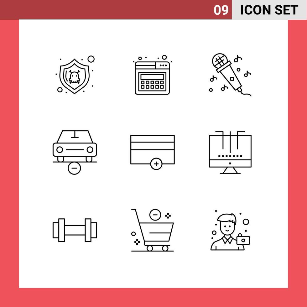 paquete de 9 signos y símbolos de contornos modernos para medios de impresión web, como vehículos de micrófono de financiación de pagos, elementos de diseño de vectores menos editables