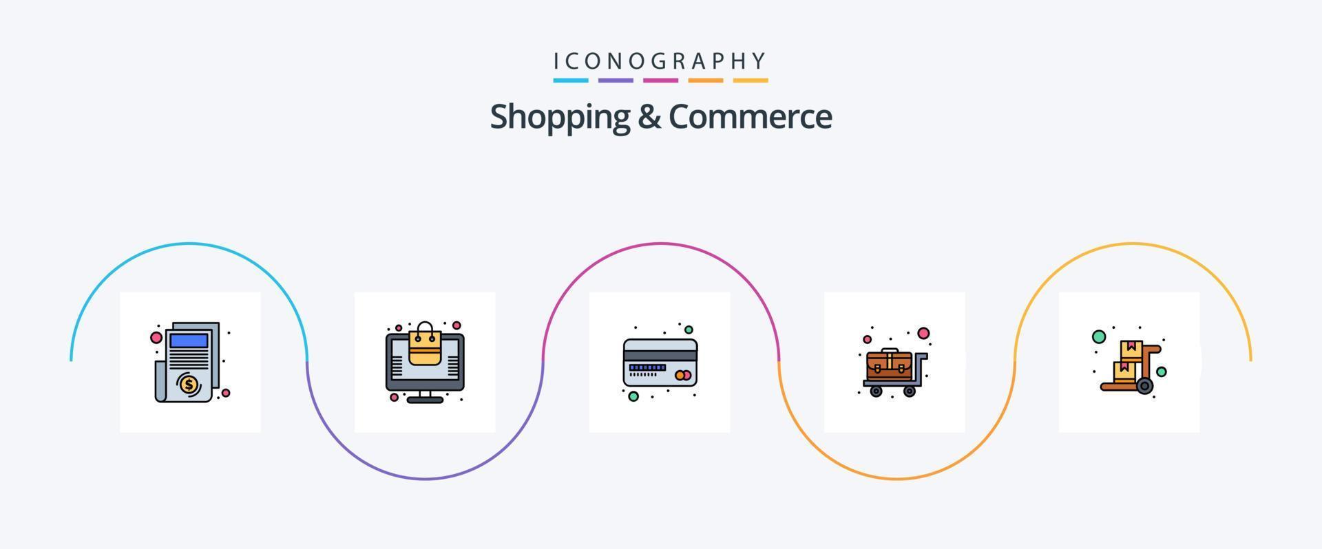 la línea de compras y comercio llenó el paquete de iconos planos 5 que incluye el carrito de equipaje. carretón. tarjeta de crédito. carro. carro de equipaje vector