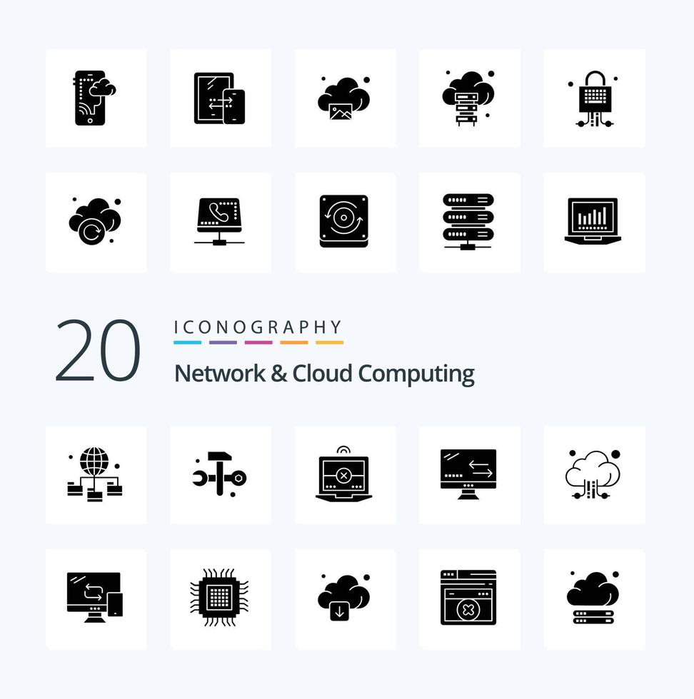 20 Network And Cloud Computing Solid Glyph icon Pack like storage cloud laptop technology connection vector
