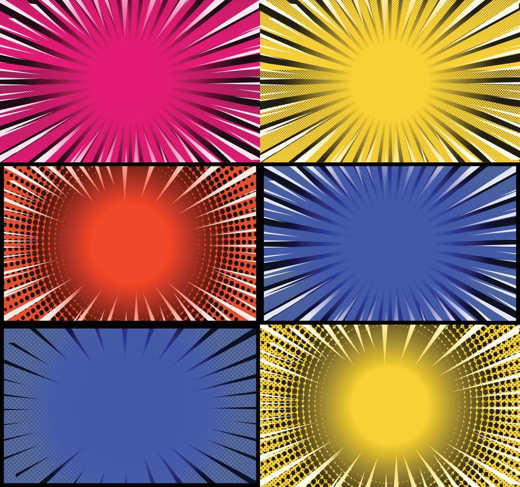Comic book colorful frames background with halftone rays radial and dotted effects pop art style vector
