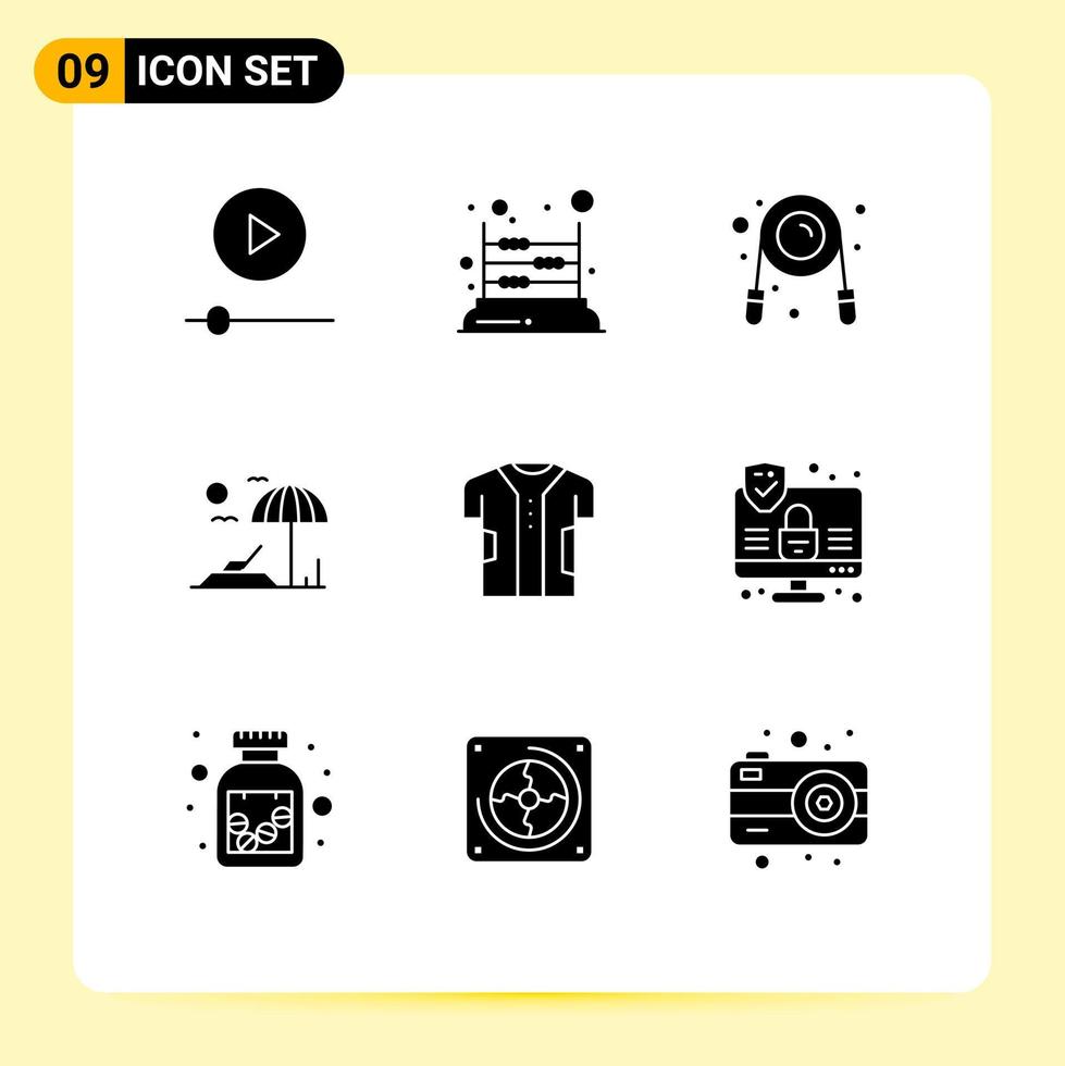 User Interface Pack of 9 Basic Solid Glyphs of clothing vacation school sunbed gym Editable Vector Design Elements