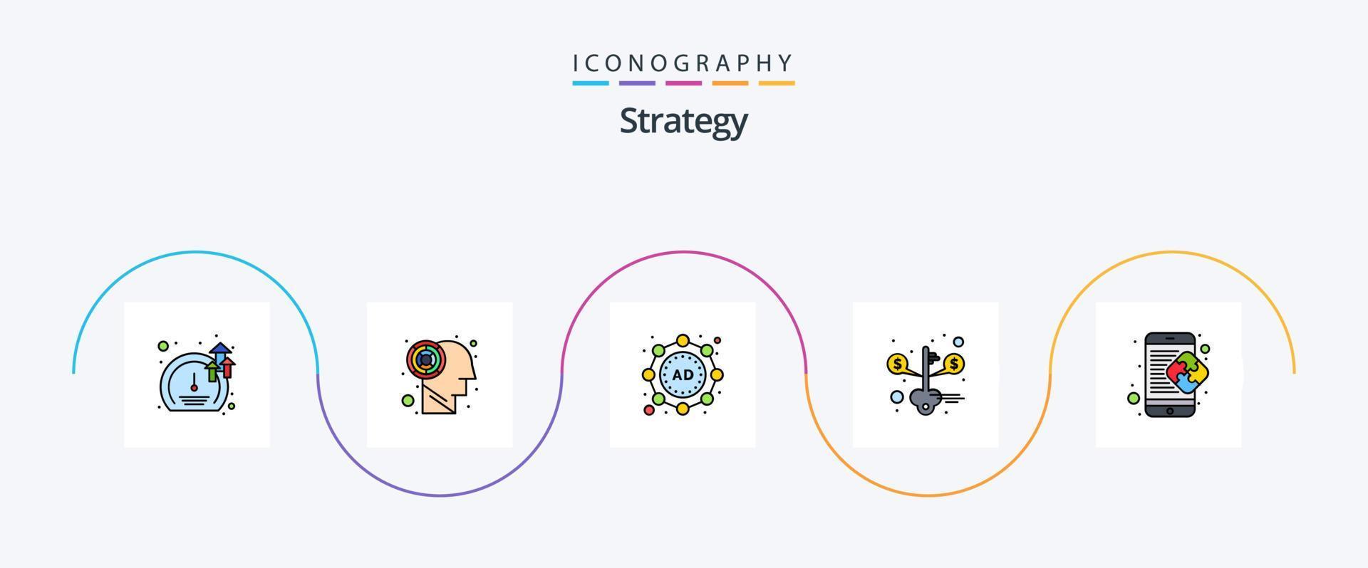 la línea de estrategia llenó el paquete de iconos planos 5 que incluye el móvil. rompecabezas. marketing. creativo. ahorro vector