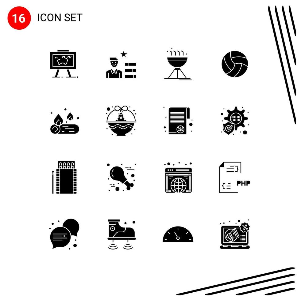 Mobile Interface Solid Glyph Set of 16 Pictograms of camp volleyball personal volley grill Editable Vector Design Elements