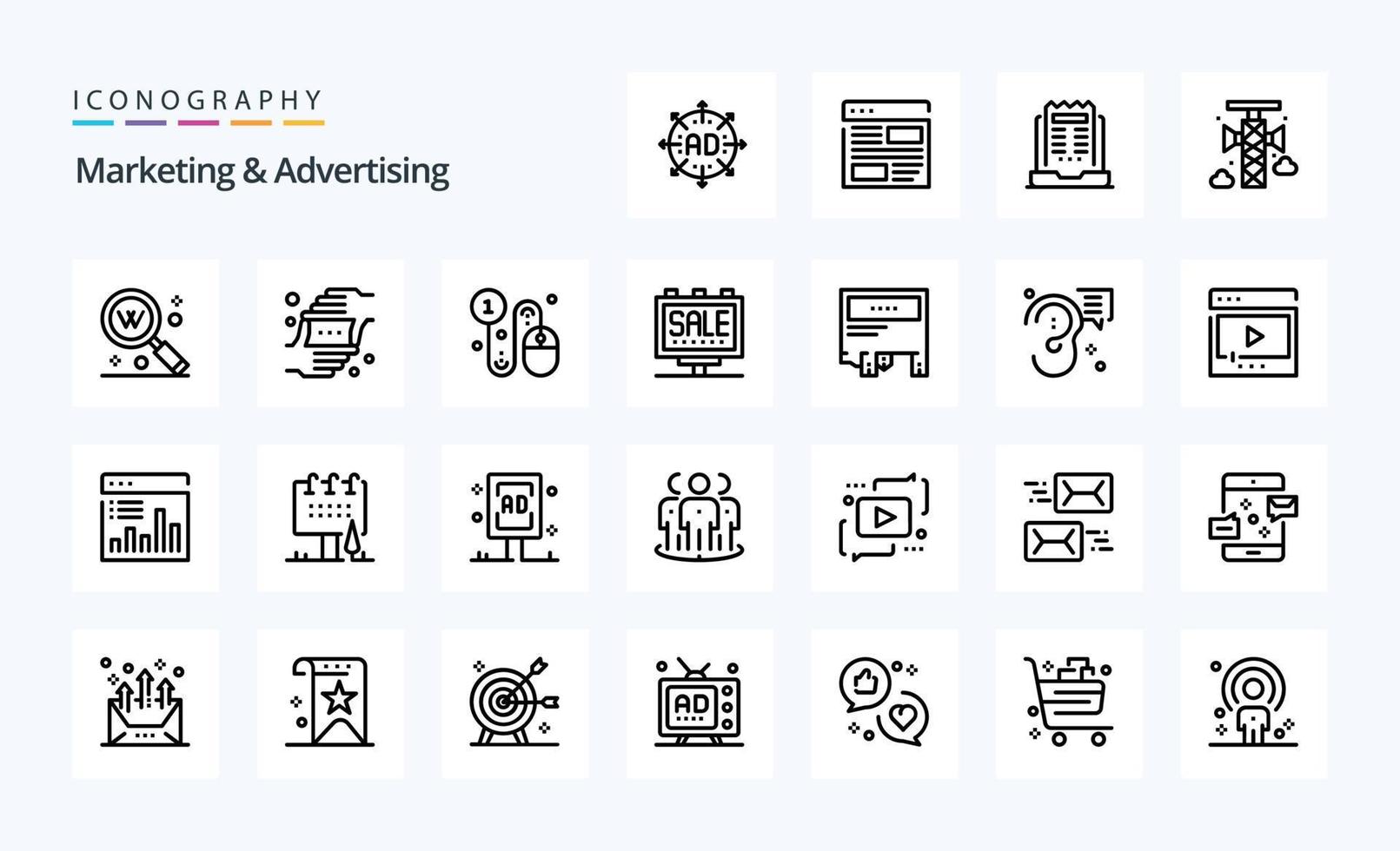 paquete de iconos de 25 líneas de marketing y publicidad vector