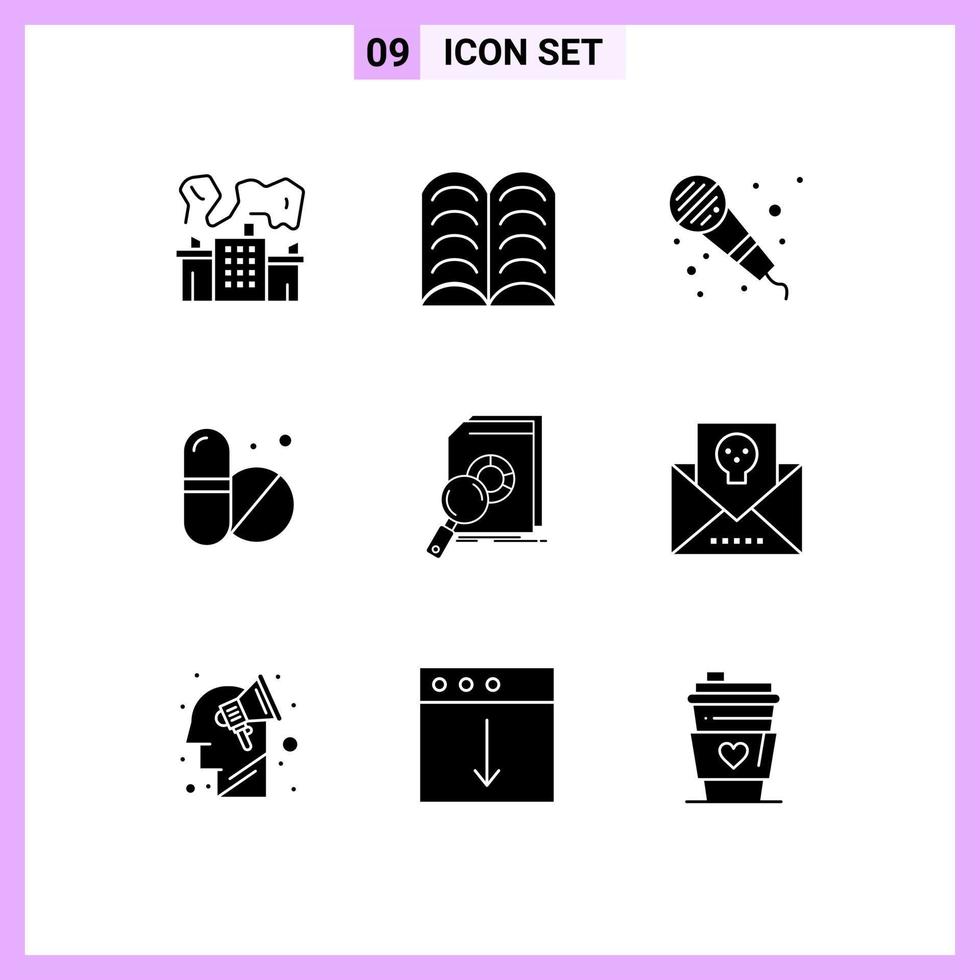 Group of 9 Modern Solid Glyphs Set for research financial mic data tablet Editable Vector Design Elements