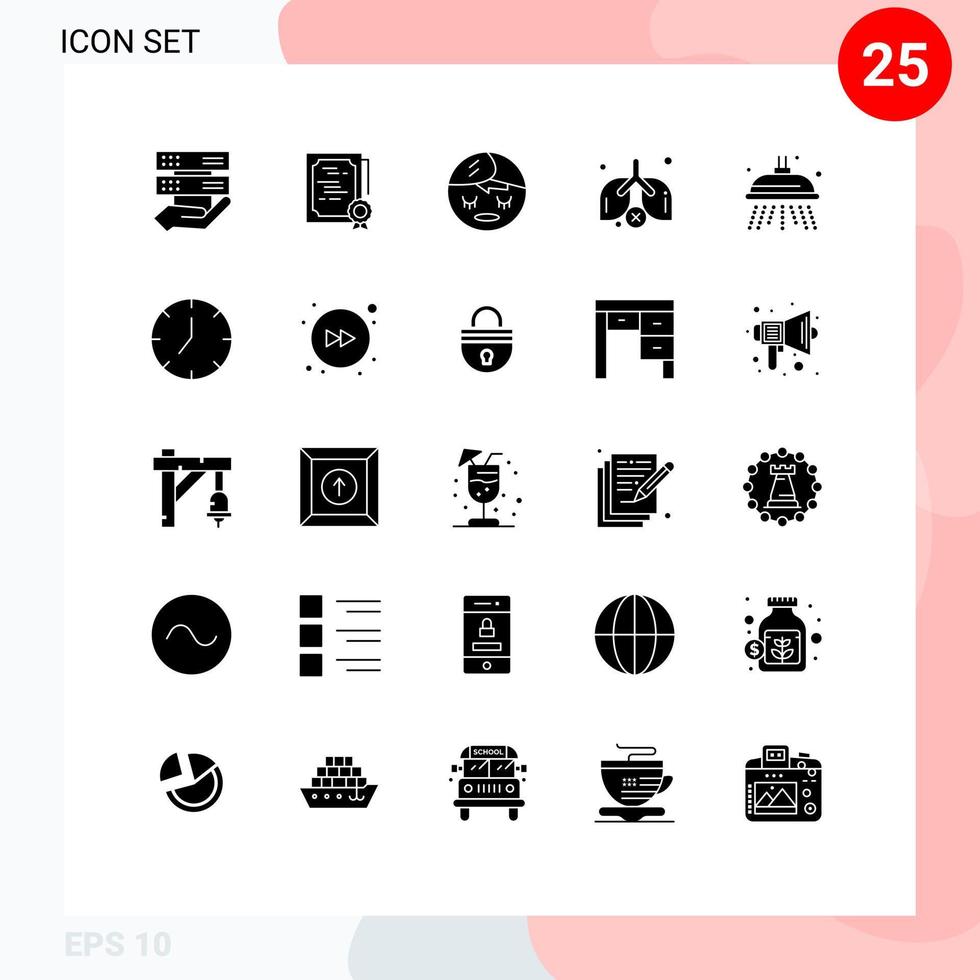 25 User Interface Solid Glyph Pack of modern Signs and Symbols of shower water diploma waste lungs Editable Vector Design Elements