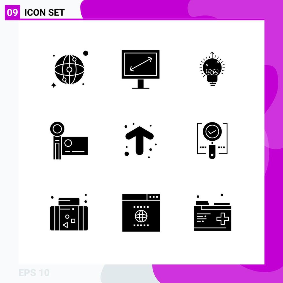 Set of 9 Vector Solid Glyphs on Grid for up arrow bulb video camera handycam Editable Vector Design Elements