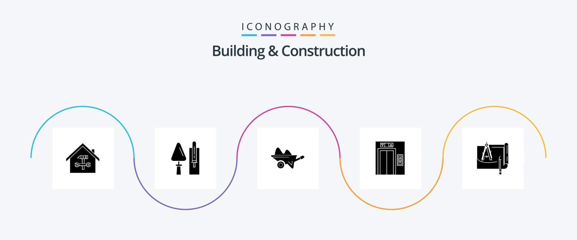Building And Construction Glyph 5 Icon Pack Including lift. gardening. construction. garden. barrow vector