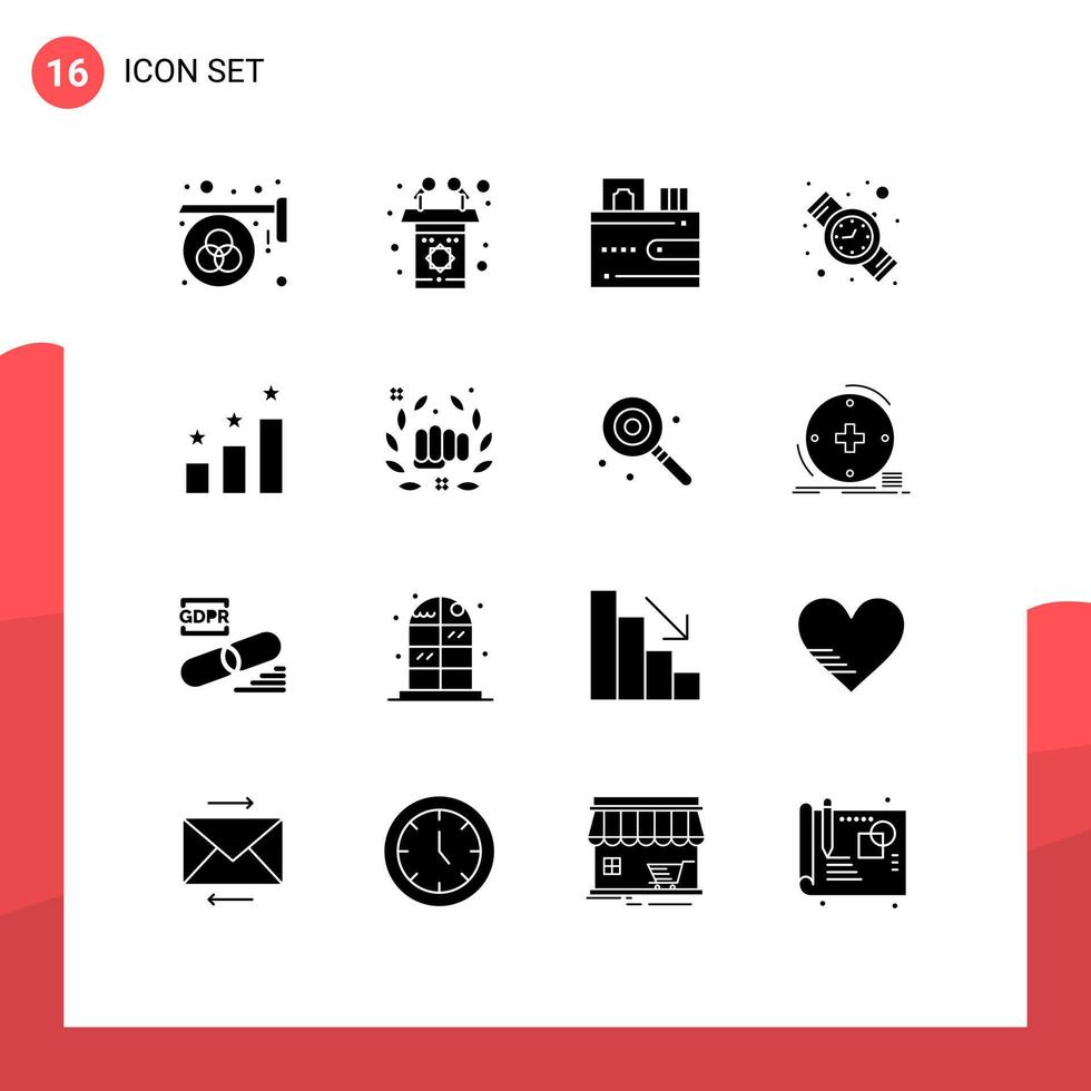 Universal Icon Symbols Group of 16 Modern Solid Glyphs of position watch speech time wallet Editable Vector Design Elements