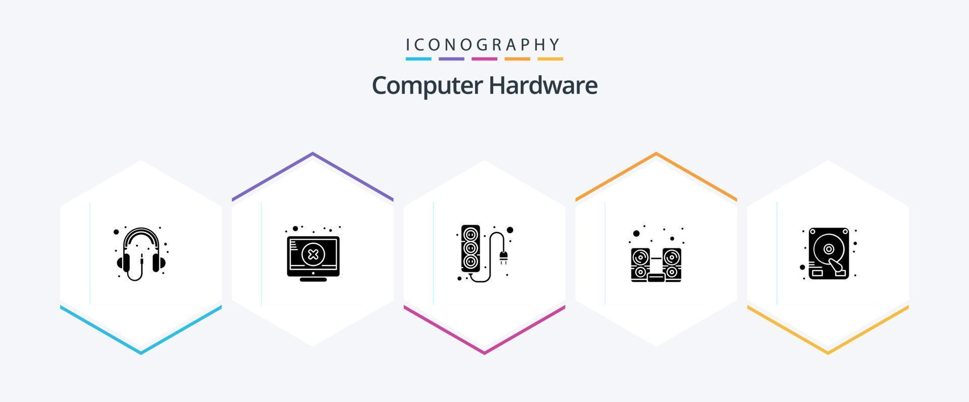 paquete de iconos de 25 glifos de hardware de computadora que incluye la unidad. altavoz. electrónica. música. computadora vector