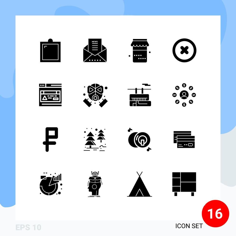 Pack of 16 Modern Solid Glyphs Signs and Symbols for Web Print Media such as fire web jam interface remove Editable Vector Design Elements