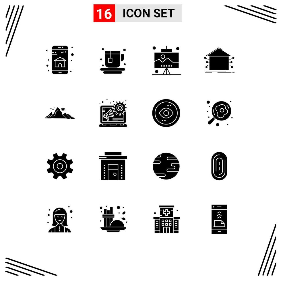 Group of 16 Modern Solid Glyphs Set for landscape network office smart home Editable Vector Design Elements