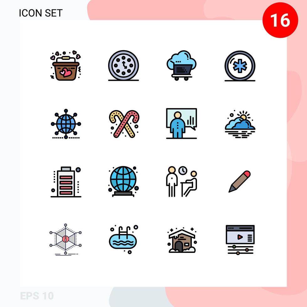 16 Universal Flat Color Filled Lines Set for Web and Mobile Applications medical health timer ambulance ecommerece Editable Creative Vector Design Elements
