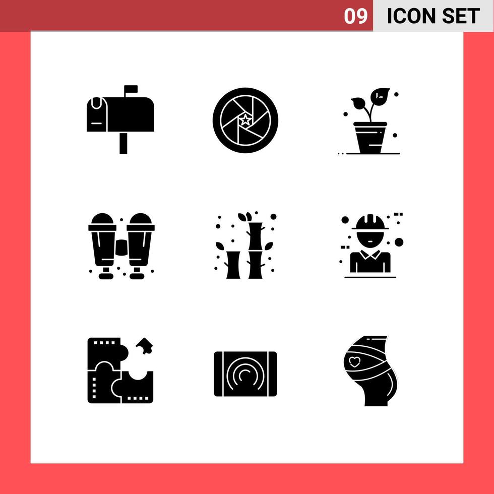 Solid Glyph Pack of 9 Universal Symbols of chinese bamboo leaf travel binoculars Editable Vector Design Elements