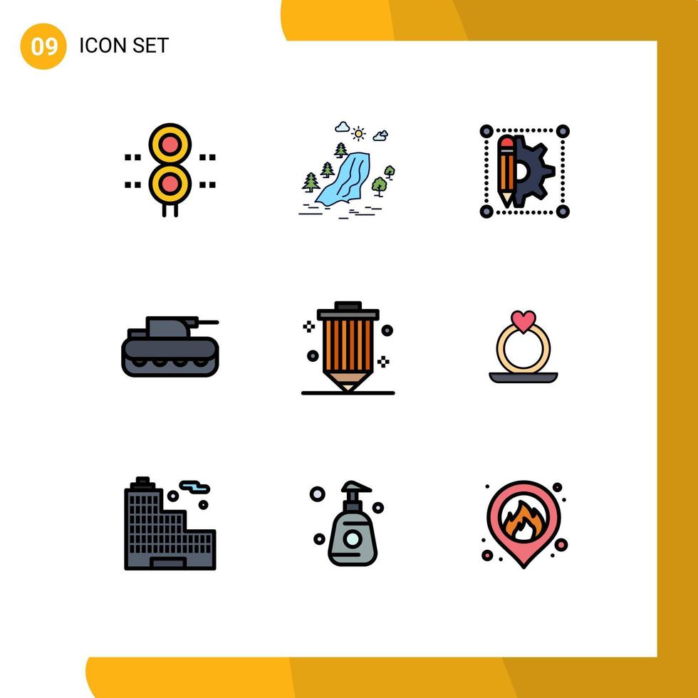 Pack of 9 creative Filledline Flat Colors of tank military clouds cannon gear Editable Vector Design Elements