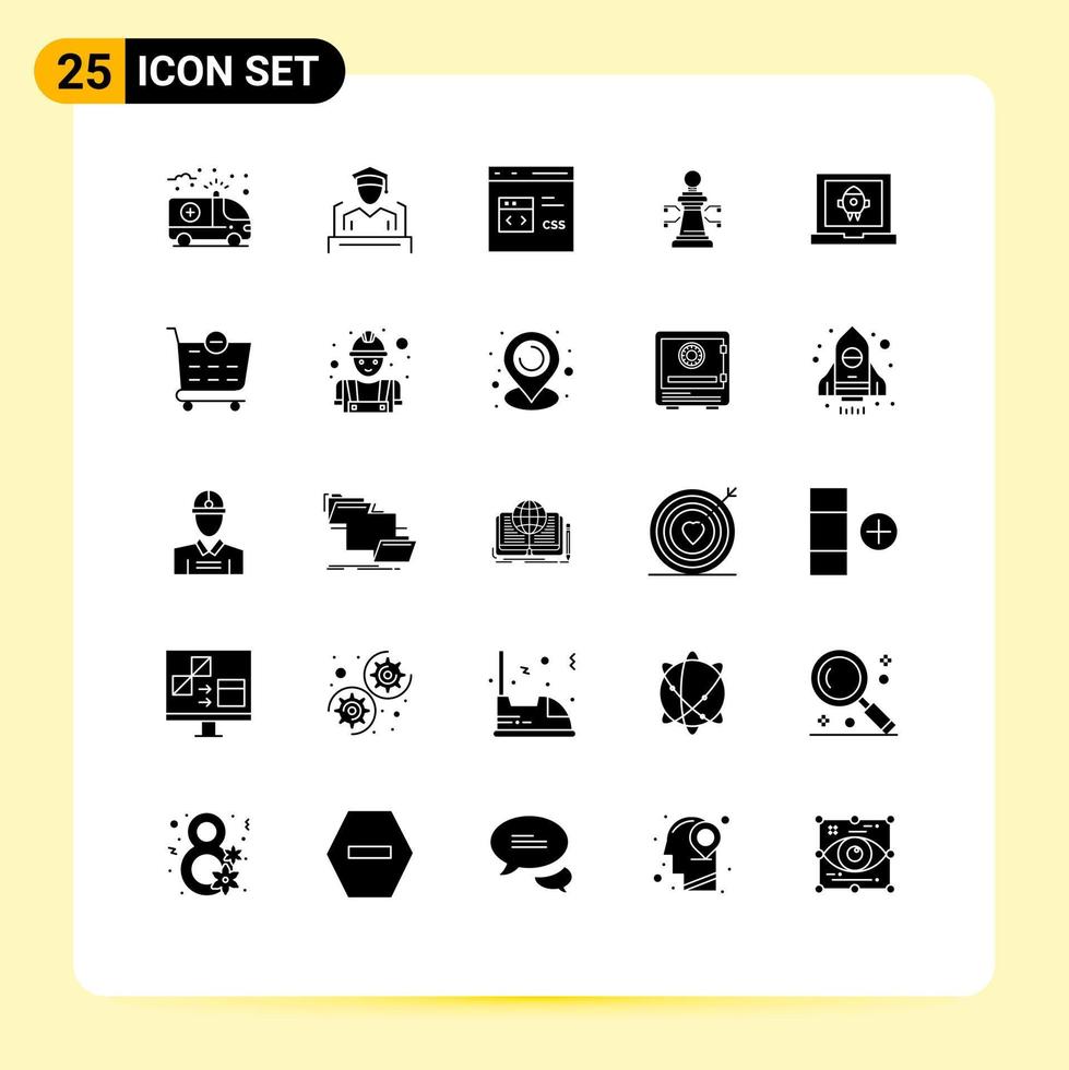 paquete de interfaz de usuario de 25 glifos sólidos básicos de código de estrategia de aplicación desarrollo de portátiles elementos de diseño vectorial editables vector