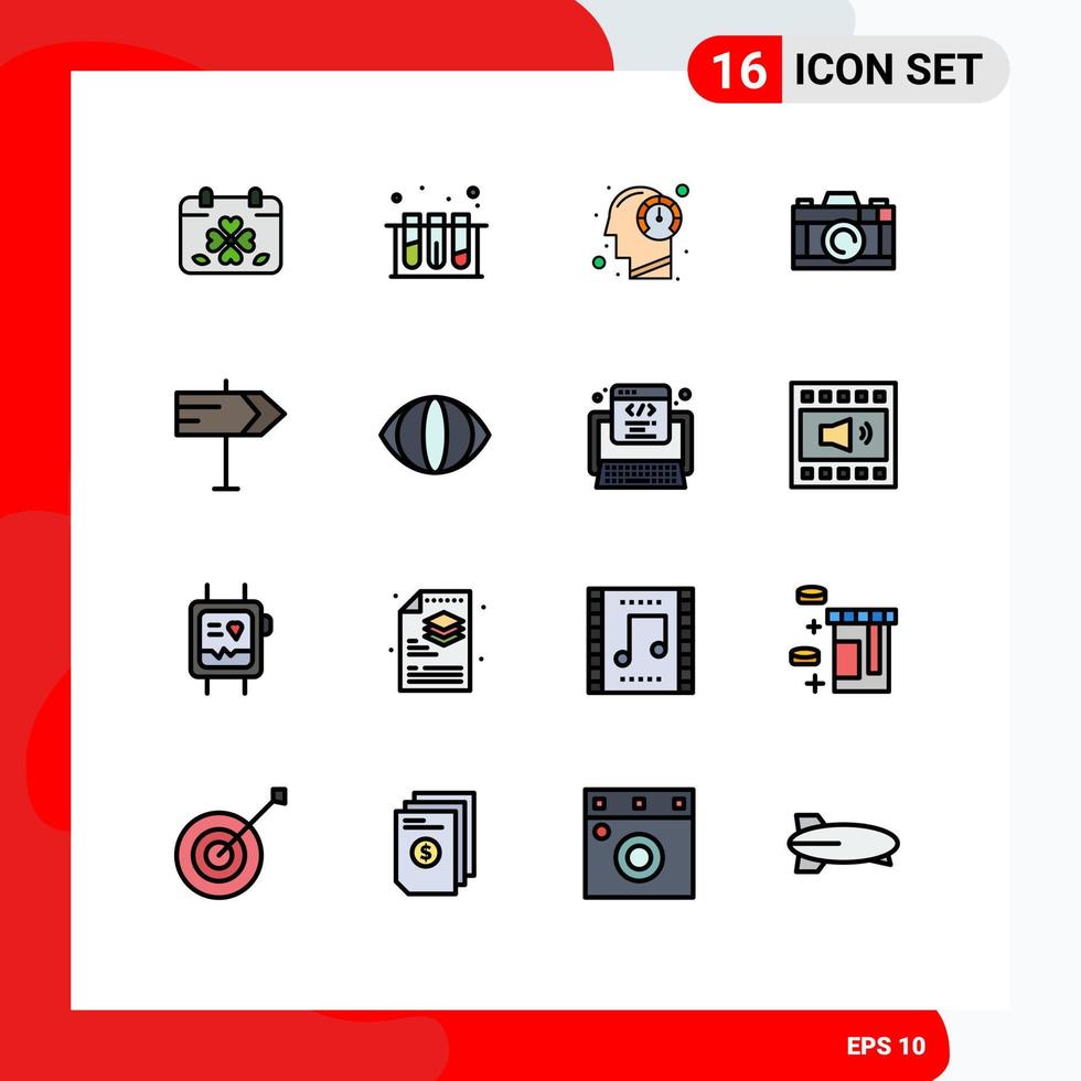 Pictogram Set of 16 Simple Flat Color Filled Lines of direction picture tub camera mind Editable Creative Vector Design Elements