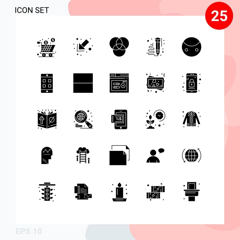 Mobile Interface Solid Glyph Set of 25 Pictograms of symbols sign rgb greatness pencil Editable Vector Design Elements