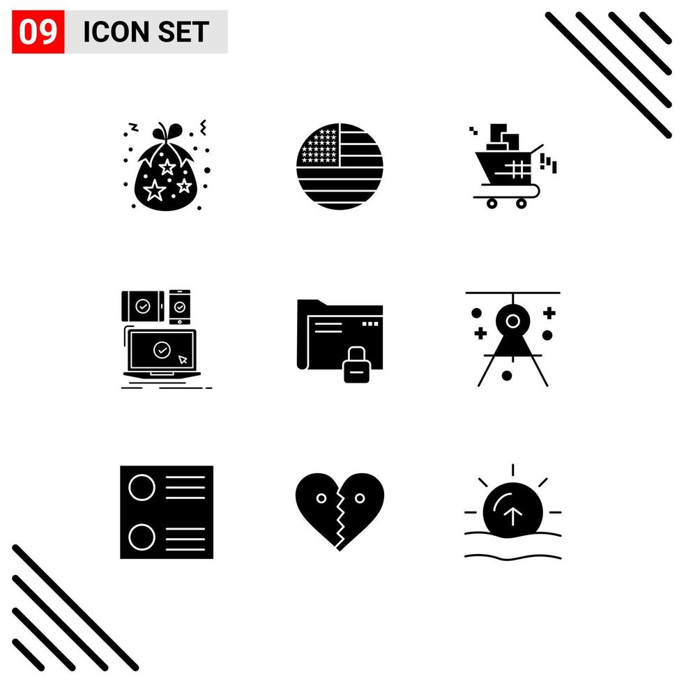 Group of 9 Modern Solid Glyphs Set for technology mobile usa devices shopping Editable Vector Design Elements