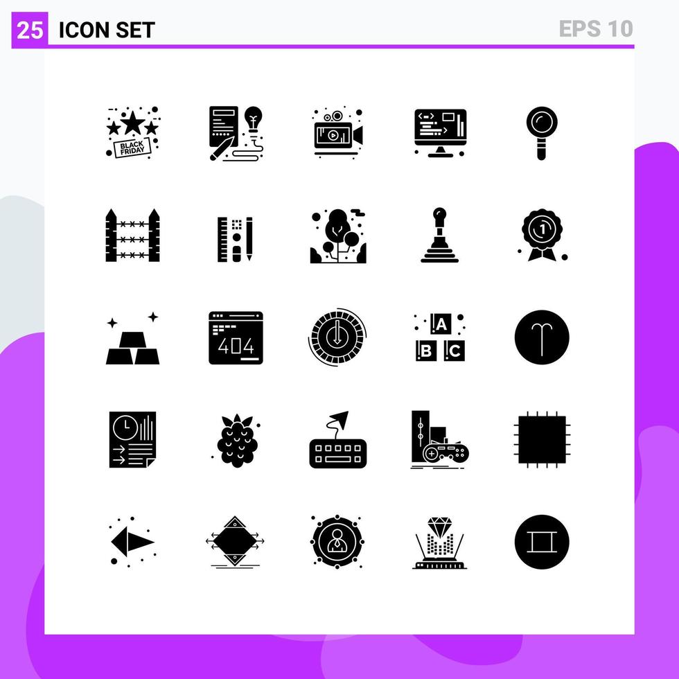 25 Universal Solid Glyphs Set for Web and Mobile Applications find search camera web development Editable Vector Design Elements