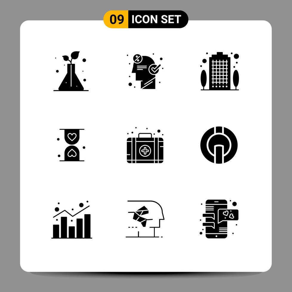 Set of 9 Vector Solid Glyphs on Grid for aid hour apartment glass heart Editable Vector Design Elements