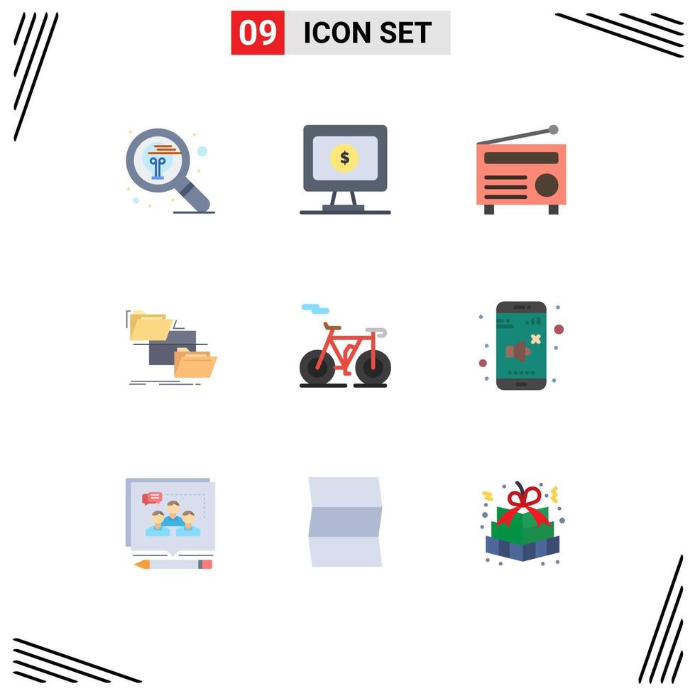 Group of 9 Modern Flat Colors Set for bicycle move radio management folder Editable Vector Design Elements