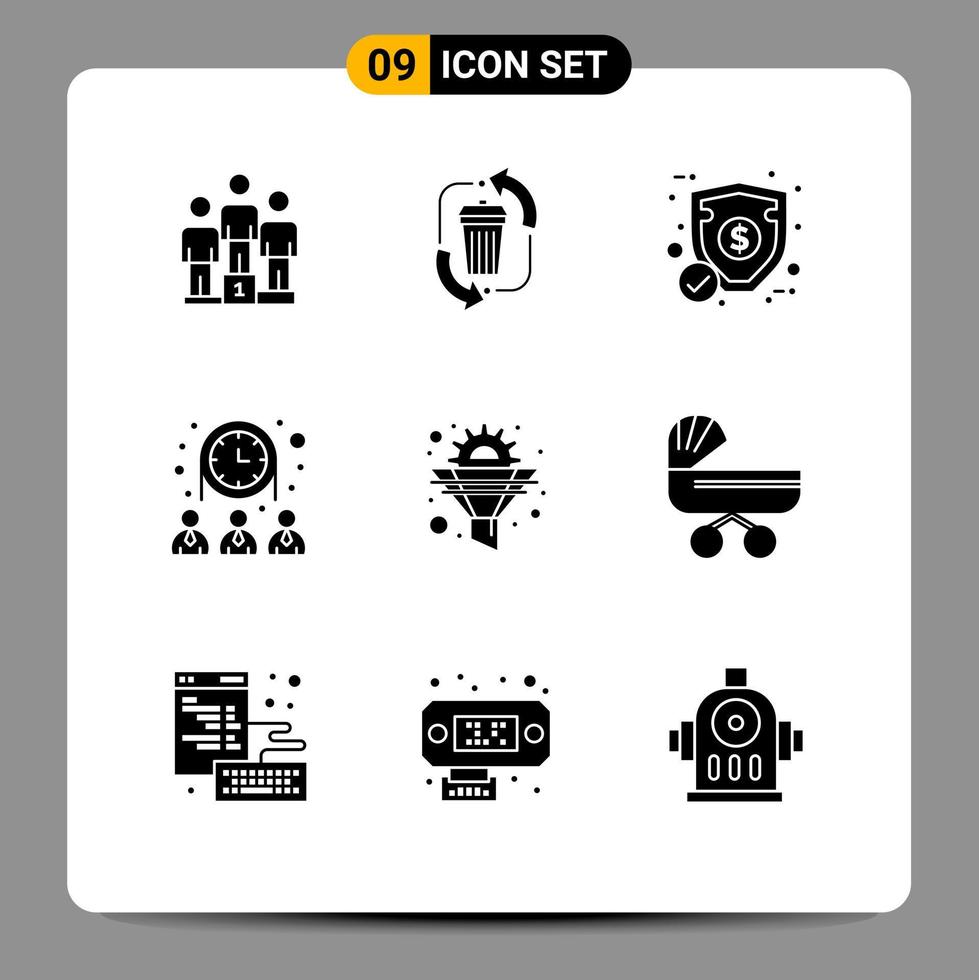 Group of 9 Solid Glyphs Signs and Symbols for cog team recycle people security Editable Vector Design Elements