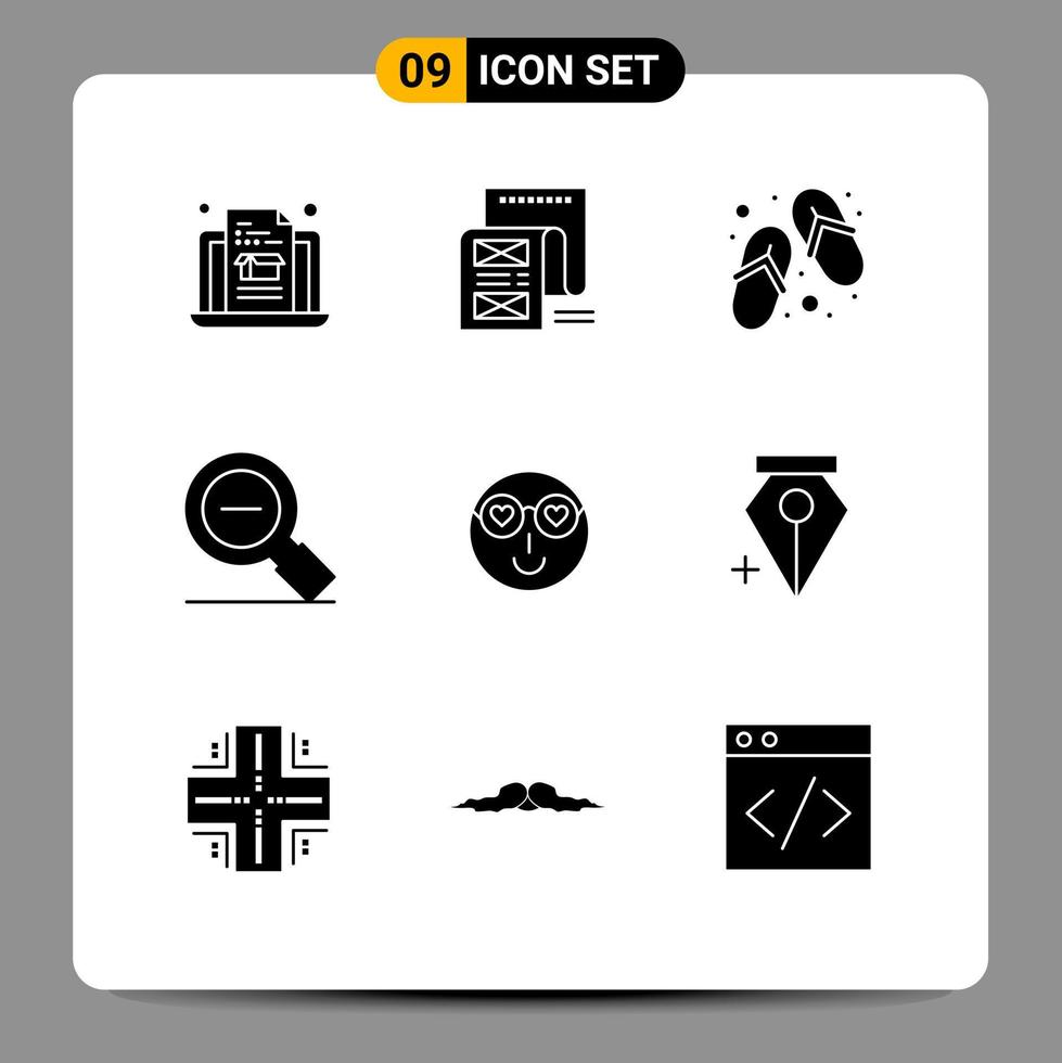 Stock Vector Icon Pack of 9 Line Signs and Symbols for smiley search less footwear magnifying glass less Editable Vector Design Elements